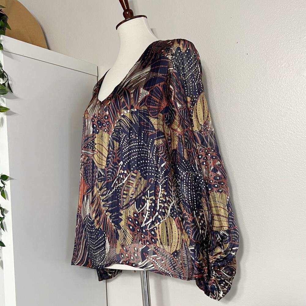 VICI Women's Brown Metallic Stripes Leaf Pint V-Neck Blouse Top Size Medium - Picture 4 of 10